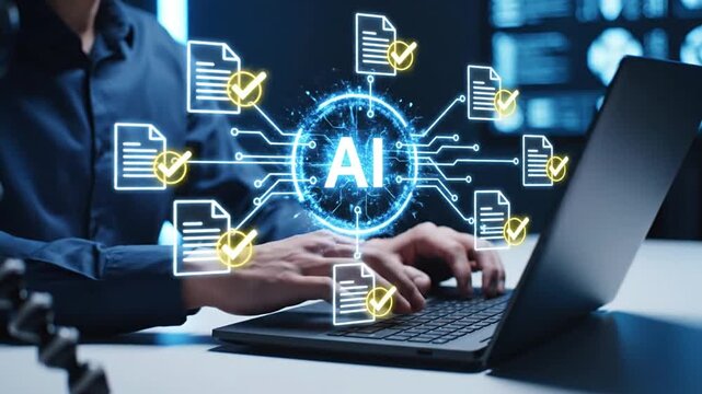 Professional uses AI-powered laptop for automated digital document management, data processing, and workflow optimization. Illustrates concepts of artificial intelligence, machine learning, and...