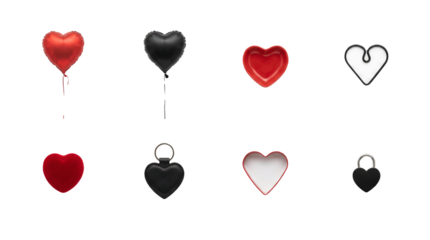 Heart shape object set including balloon, bowl, cookie cutter, keychain, and padlock variants isolated. Valentine's Day and romance gift collection.