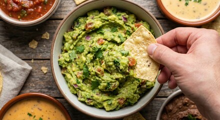 Hand dipping tortilla chip into bowl of fresh guacamole with salsa and queso dips