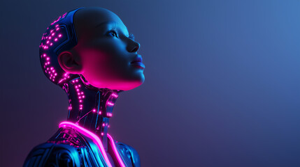 Futuristic humanoid robot with glowing neural lights representing artificial intelligence consciousness and digital evolution.

