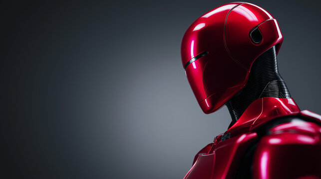 Futuristic red humanoid robot in sleek armor symbolizing artificial intelligence, power, and advanced cyber technology.
