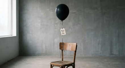 Empty Chair with Black Balloon and Note in Empty Room