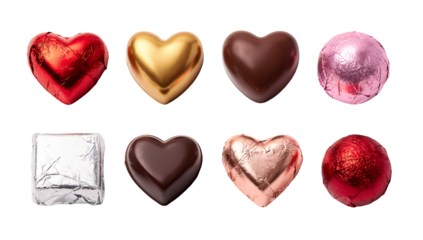 Gourmet chocolate candy set including foil wrapped hearts, spheres, and pralines isolated. Valentines day and luxury confectionery collection.