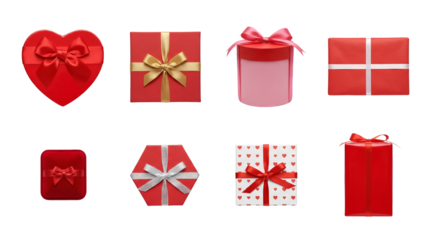 Red gift box set including heart, square, round, and hexagonal shapes with ribbons isolated. Valentine's Day and holiday present collection.