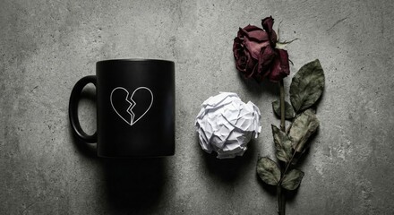 Broken Heart Concept with Mug, Rose, and Crumpled Paper