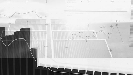 Monochromatic data dashboard showing 3D bar chart rising left, overlaying jagged line graph - Powered by Adobe