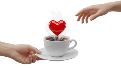Heart Above Steaming Coffee Cup, Hands Reaching