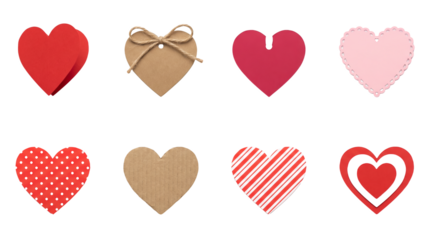 Decorative heart set including paper, cardboard, polka dot, striped, and layered styles. Romantic craft and stationery collection.
