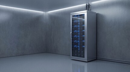 Data Server in Futuristic Room: A sleek, modern server cabinet stands illuminated in a minimalist room, highlighting the convergence of technology and design. 