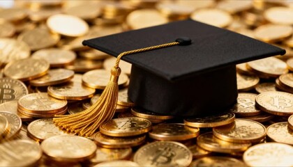 graduation cap on gold coins stack perfect for Financial Wellness Month