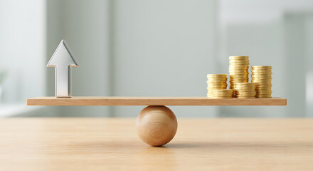 financial investment and profit growth concept with silver arrow and stacks of gold coins balancing on wooden seesaw for business stability and economic wealth management analysis