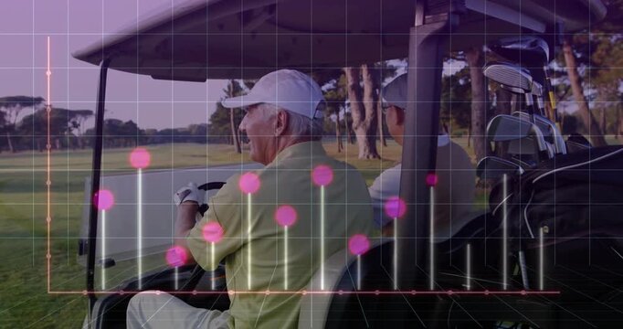 Two men driving golf cart on fairway, showing translucent grid and data points for golf technology