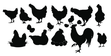 set of silhouettes of hen chick and rooster silhouettes © Qasims