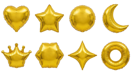 Gold balloon set including heart, star, circle, moon, crown, and geometric shapes isolated. Party and celebration decoration collection.