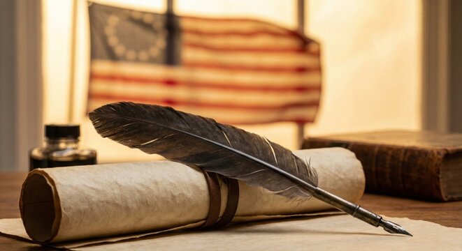Quill Pen and Scroll with Betsy Ross Flag in Background