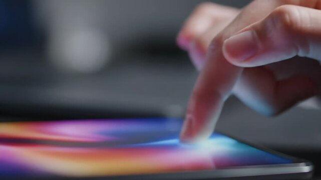 Close-up of a finger interacting with a futuristic glowing digital touchscreen. Emphasizes modern UI/UX, intuitive mobile computing, smart device interaction, digital software navigation, and future..