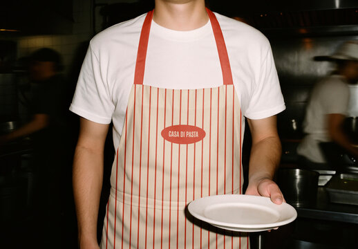 Chef With Apron Mockup Holding Empty Plate PSD