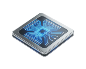 A sleek microchip with intricate blue circuitry, showcasing advanced technology and electronic design.