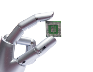 A robotic hand holds a microchip, symbolizing the integration of technology and robotics in modern innovation.