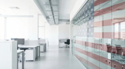 American Flag Reflected in Glass Wall of Modern Office