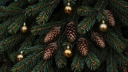 Pine branches with golden ornaments and pine cones