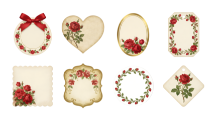 Vintage floral gift tag set including heart, oval, circle, and scalloped labels with red roses isolated. Shabby chic stationery and scrapbook collection.