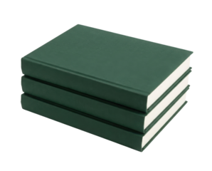 A stack of three green books with a smooth cover and white pages, neatly arranged.