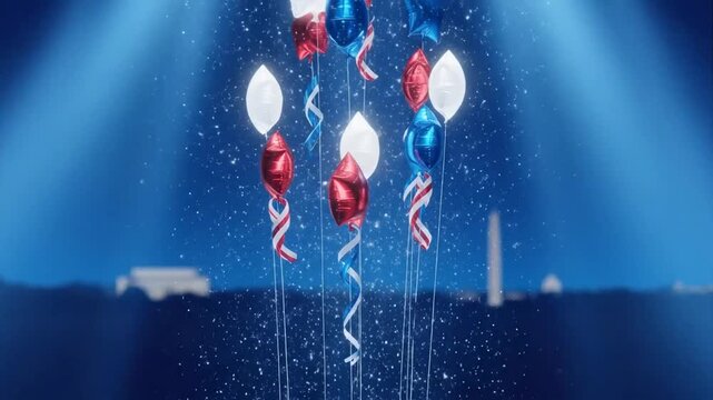 Floating balloons with streamers on blue background