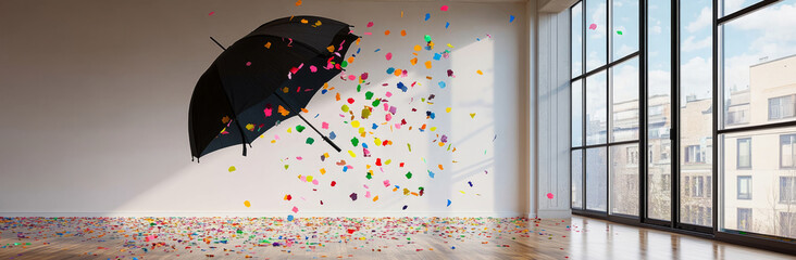 black umbrella with colorful confetti falling on the floor in an empty room
