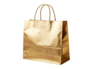 A shiny gold shopping bag with a textured surface and rope handles, designed for carrying items.
