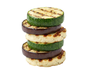 Grilled vegetable stack featuring layers of zucchini and eggplant, showcasing charred lines and a deliciously cooked appearance.