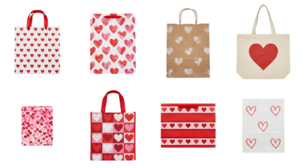Valentine gift bag set including paper, fabric, and tote bags with red heart patterns isolated. Romantic packaging and shopping collection.