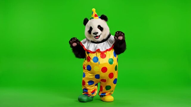 a funny panda dressed as a clown performing an energetic dance routine with expressive body motion isolated on green screen high quality smooth movement clean edges no noise stock video style
