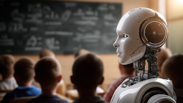 Humanoid robot teaching children in a classroom, symbolizing artificial intelligence in education and the future of learning.
