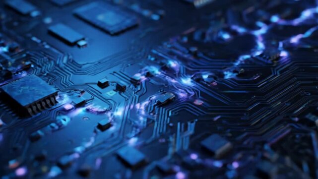 Close-up footage video of a circuit board with glowing blue lights, showcasing technology and innovation in a dark environment, highlighting electronic components and microchips
