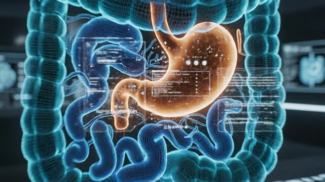 Futuristic medical visualization of stomach and intestine anatomy holographic translucent digestive system displaying gastrointestinal tract structures, glowing intestine highlights, clinical