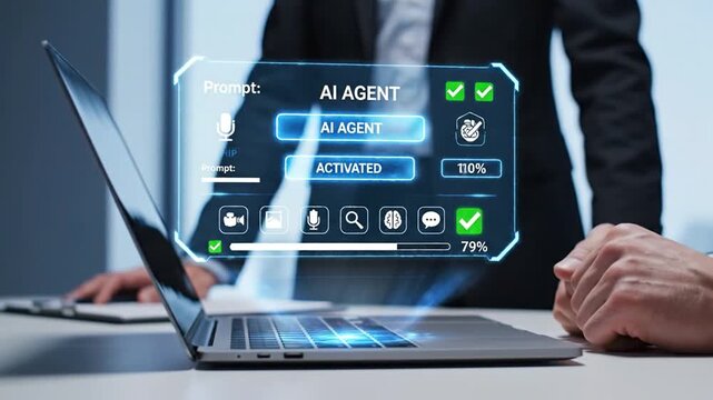 Professional activating a futuristic AI agent interface on a laptop, demonstrating smart automation and artificial intelligence for business productivity, digital transformation, and efficient task...