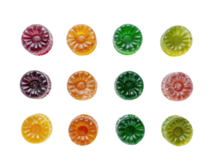 A vibrant assortment of colorful, flower-shaped candies arranged neatly in a grid pattern.
