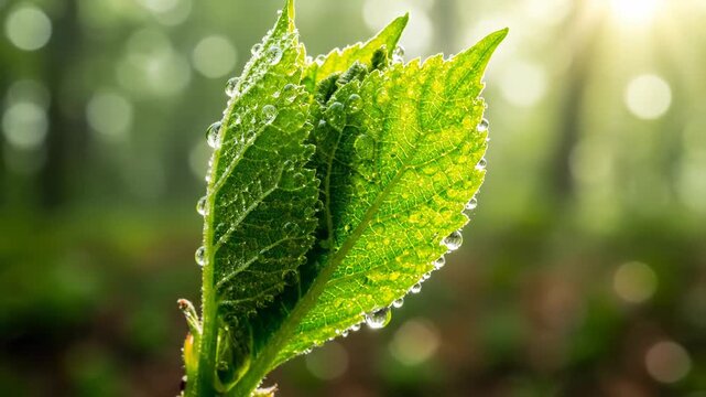 Close-up footage video of dewy green leaves in a forest, capturing nature's serenity