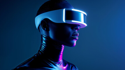 Futuristic woman wearing a glowing virtual reality visor, representing artificial intelligence, metaverse technology, and cyberpunk aesthetics.
