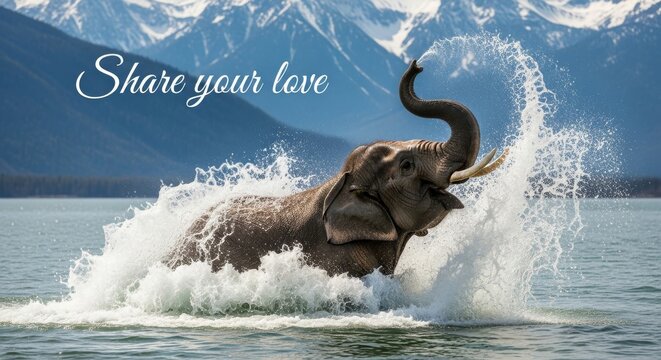 Majestic elephant joyfully splashing in the ocean with snow-capped mountains in the background