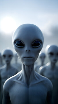 Mysterious group of alien humanoid figures emerging from dense fog, symbolizing extraterrestrial life, uncertainty, and science fiction atmosphere.
