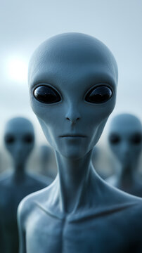 Group of alien humanoid figures standing in formation, symbolizing extraterrestrial life, science fiction, and unknown future civilizations.
