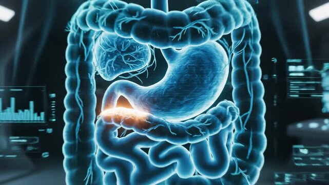 Medical illustration and glowing medical scan of human digestive system showing stomach, small intestine, large intestine, colon and duodenum with highlighted inflammation and ulceration