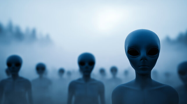 Mysterious group of alien humanoid figures emerging from dense fog, symbolizing extraterrestrial life, uncertainty, and science fiction atmosphere.
