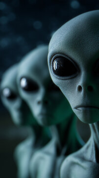 Mysterious group of alien humanoid figures emerging from dense fog, symbolizing extraterrestrial life, uncertainty, and science fiction atmosphere.
