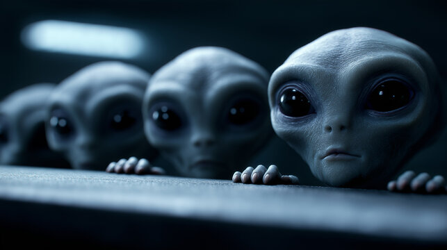 Group of alien humanoid figures standing in formation, symbolizing extraterrestrial life, science fiction, and unknown future civilizations.
