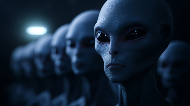 Group of alien humanoid figures standing in formation, symbolizing extraterrestrial life, science fiction, and unknown future civilizations.

