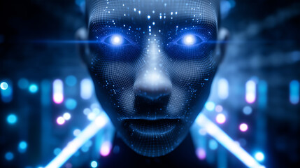 Human face with glowing blue eyes representing artificial intelligence augmentation and digital identity.
