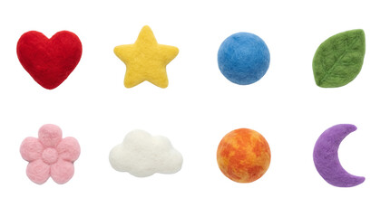 Felted wool shape set including heart, star, ball, leaf, flower, cloud, sun, and moon icons isolated. Needle felt handicraft and diy hobby collection.